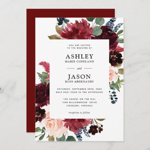 Burgundy Navy and Blush Watercolor Floral Wedding Invitation