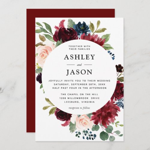 Burgundy Navy and Blush Watercolor Floral Wedding Invitation