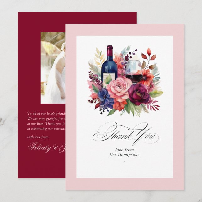 Burgundy, Navy and Blush Wine Tasting Wedding Thank You Card (Front/Back)