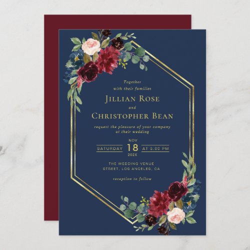 burgundy navy and gold floral geometric wedding invitation