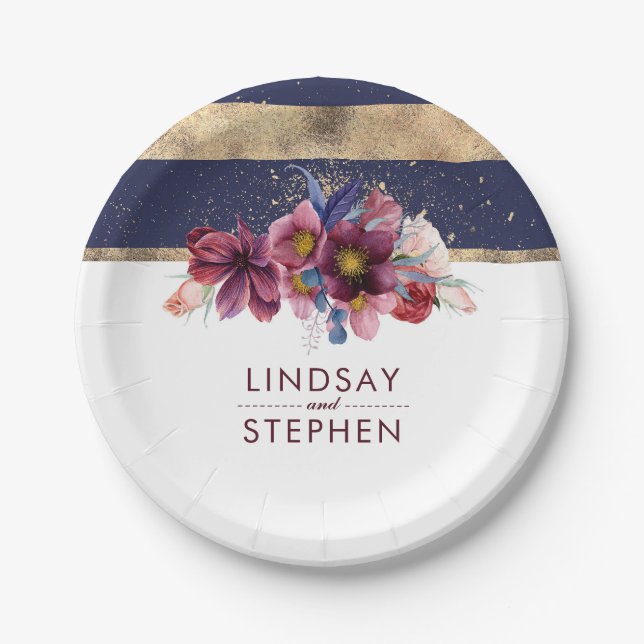 Burgundy Navy and Gold Floral Stripes Wedding Paper Plates (Front)