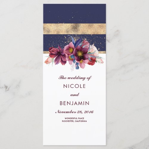 Burgundy Navy and Gold Floral Wedding Programs