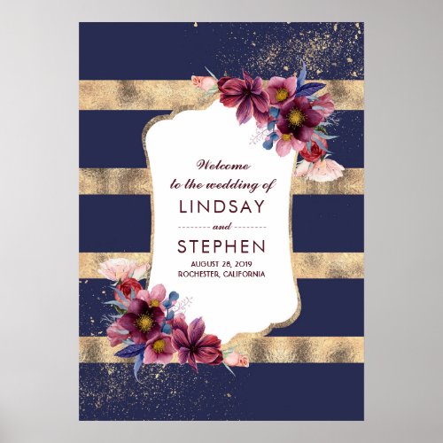 Burgundy Navy and Gold Floral Wedding Welcome Poster