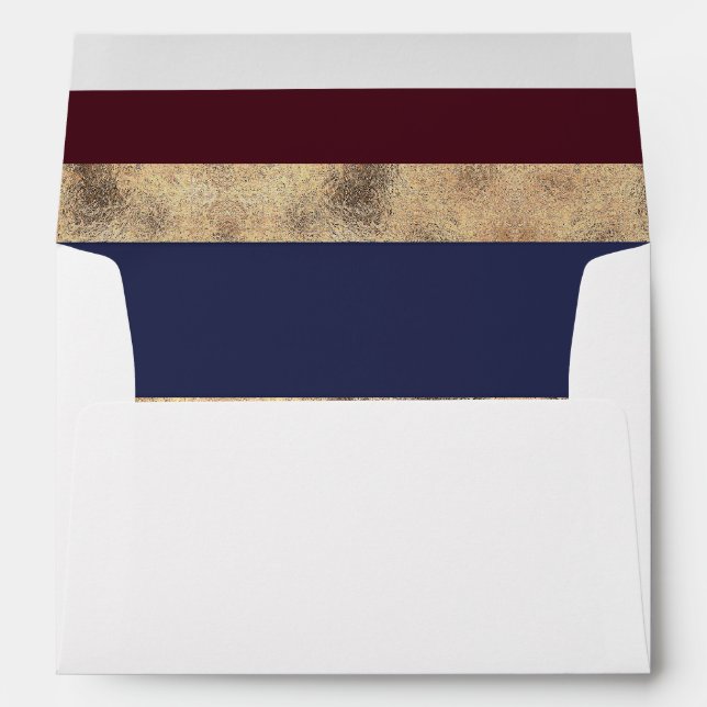 Burgundy Navy and Gold Stripes Modern Wedding Envelope (Back (Bottom))