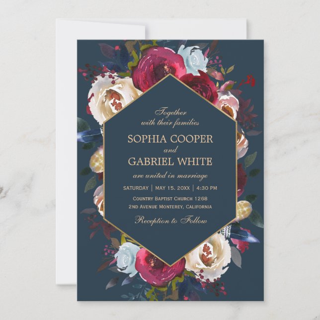 Burgundy Navy and Peach Floral Gold Frame Wedding Invitation (Front)