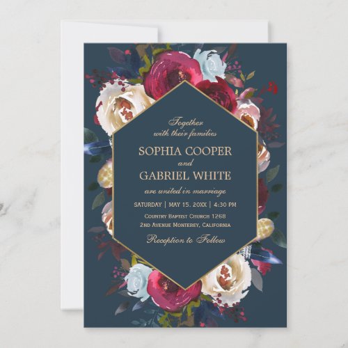 Burgundy Navy and Peach Floral Gold Frame Wedding Invitation