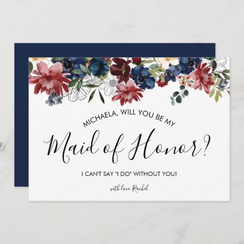 Burgundy Navy Be My Maid of Honor Card