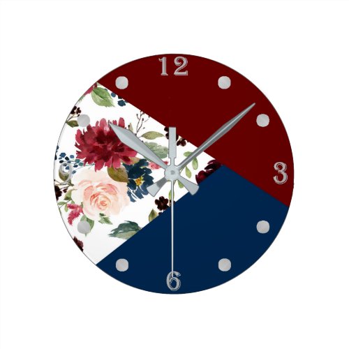 Burgundy Navy Bloom | Boho Floral Geometric Round Clock