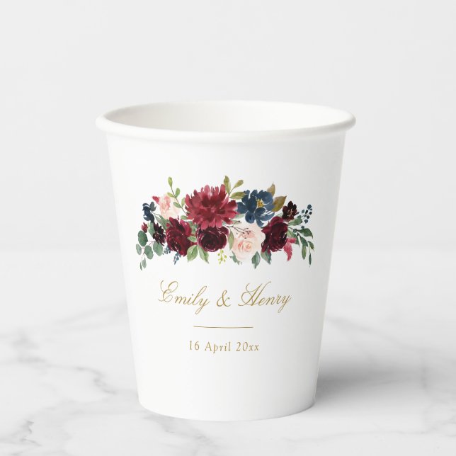 Burgundy navy blooms wedding paper cups (Front)