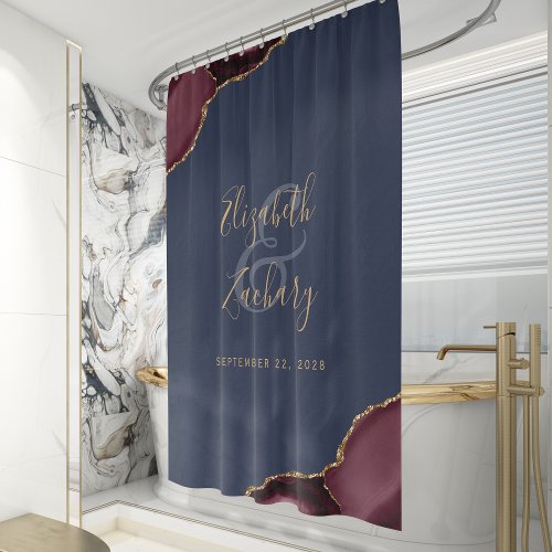 Burgundy Navy Blue Agate Gold Wedding Shower Curtain