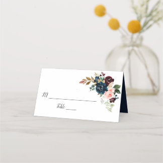 burgundy, navy blue and blush pink floral wedding place card
