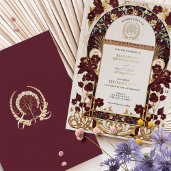 Burgundy Navy Blue & Antique Gold Floral Wedding Foil Invitation