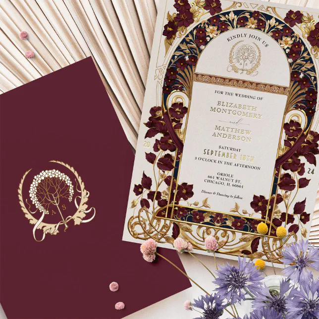 Burgundy Navy Blue & Antique Gold Floral Wedding Foil Invitation | Zazzle