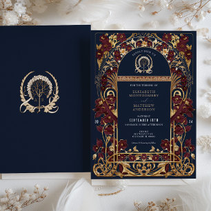 Burgundy Navy Blue & Antique Gold Floral Wedding Invitation