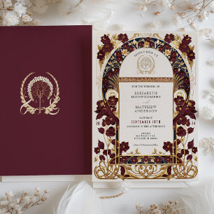 Burgundy Navy Blue & Antique Gold Floral Wedding Invitation