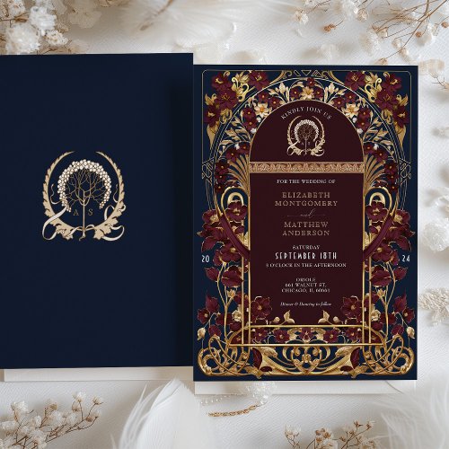 Burgundy Navy Blue  Antique Gold Floral Wedding Invitation