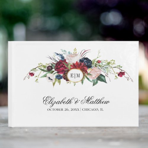 Burgundy  Navy Blue Bloom Watercolor Wedding Guest Book