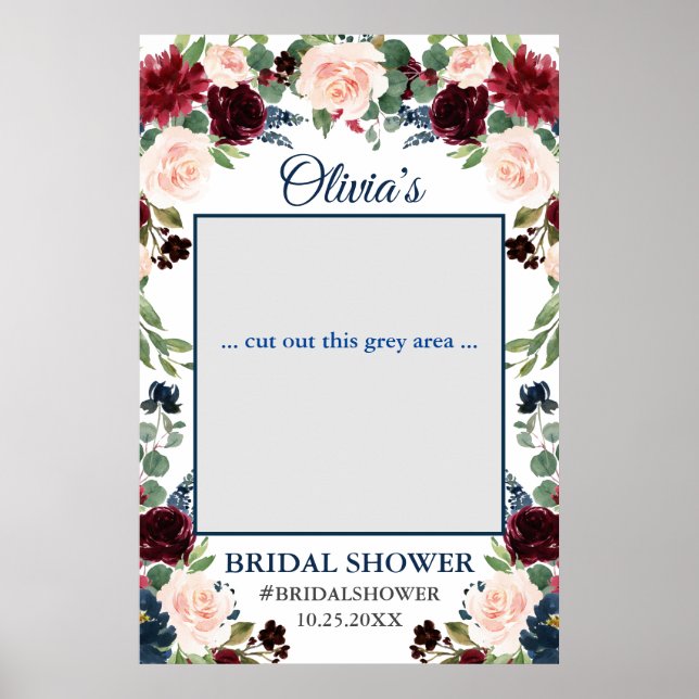 Burgundy Navy Blue Blush Bridal Shower Photo Prop Poster (Front)