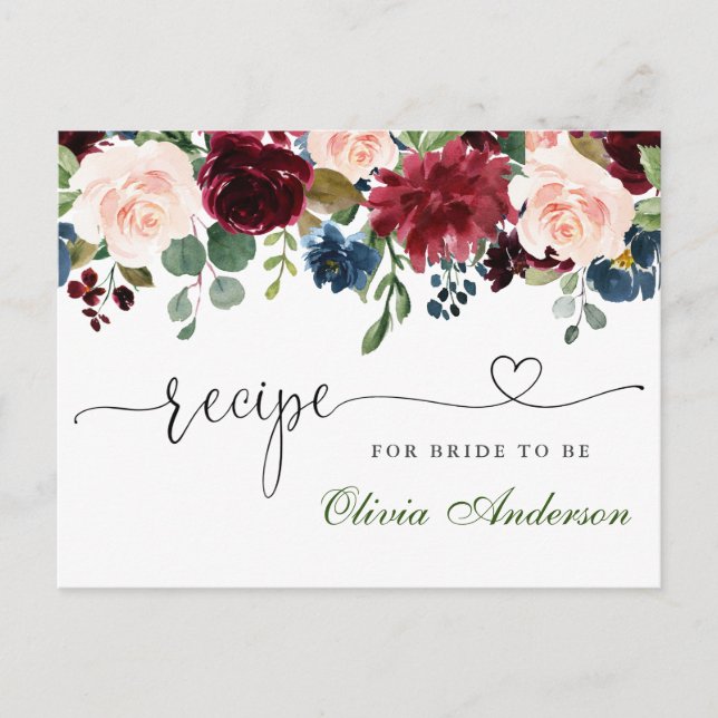 Burgundy Navy Blue Blush Bridal Shower Recipe Card (Front)