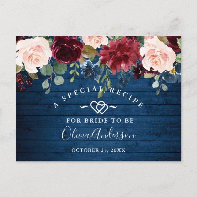Burgundy Navy Blue Blush Bridal Shower Recipe Card (Front)
