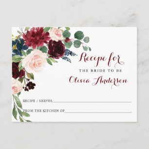 Burgundy Navy Blue Blush Bridal Shower Recipe Card