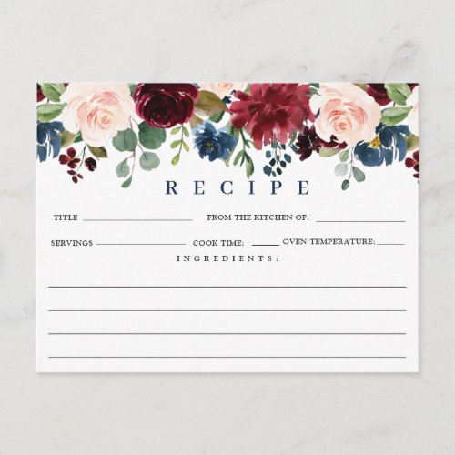 Burgundy Navy Blue Blush Bridal Shower Recipe Card