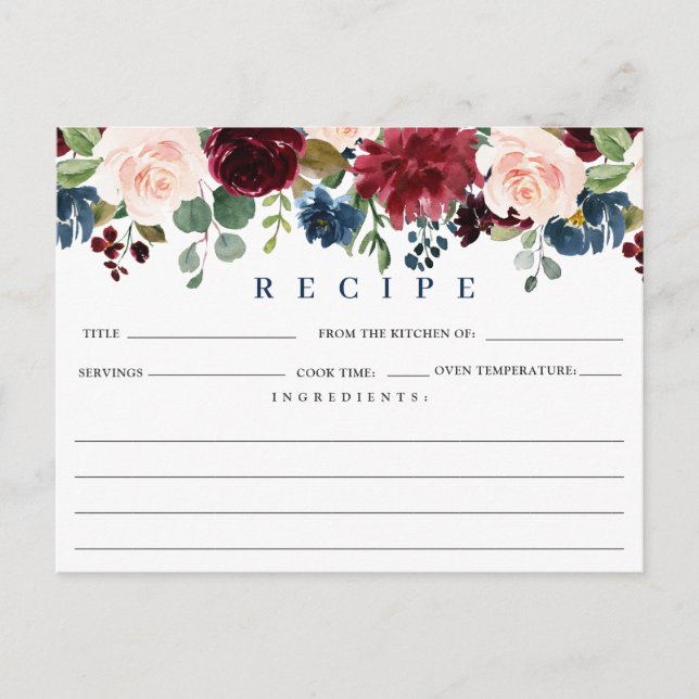 Burgundy Navy Blue Blush Bridal Shower Recipe Card (Front)