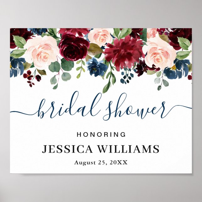 Burgundy Navy Blue Blush BRIDAL SHOWER Welcome Poster (Front)