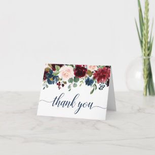 Burgundy Navy Blue Blush Floral Boho Letterpress Thank You Card