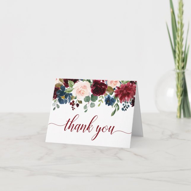 Burgundy Navy Blue Blush Floral Boho Thank You Card (Front)