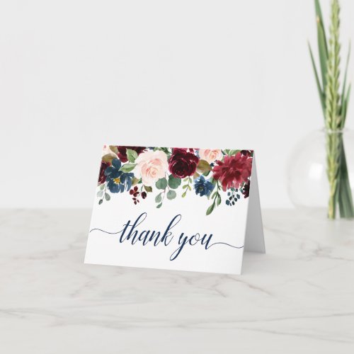 Burgundy Navy Blue Blush Floral Boho Thank You Card