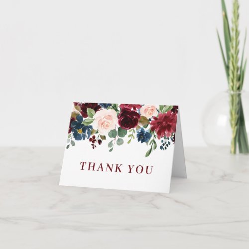 Burgundy Navy Blue Blush Floral Boho Thank You Card