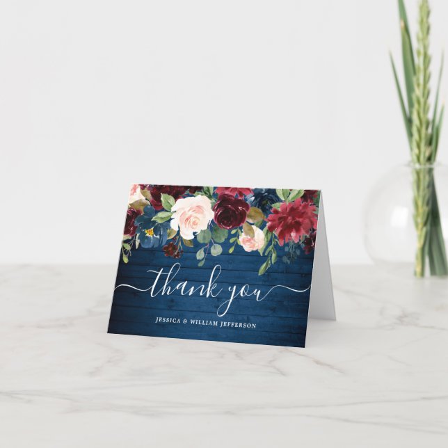 Burgundy Navy Blue Blush Floral Boho Thank You Card (Front)