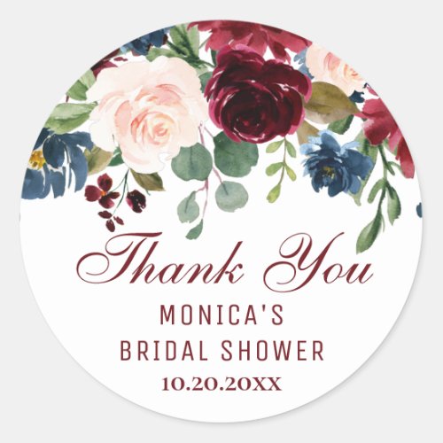 Burgundy Navy Blue Blush Floral Bridal Shower Classic Round Sticker