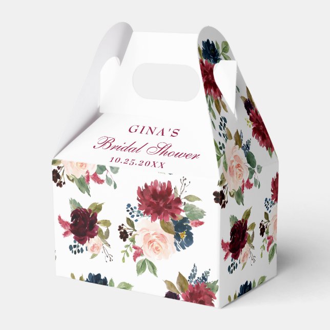 Burgundy Navy Blue Blush Floral Bridal Shower Favo Favor Boxes (Front Side)