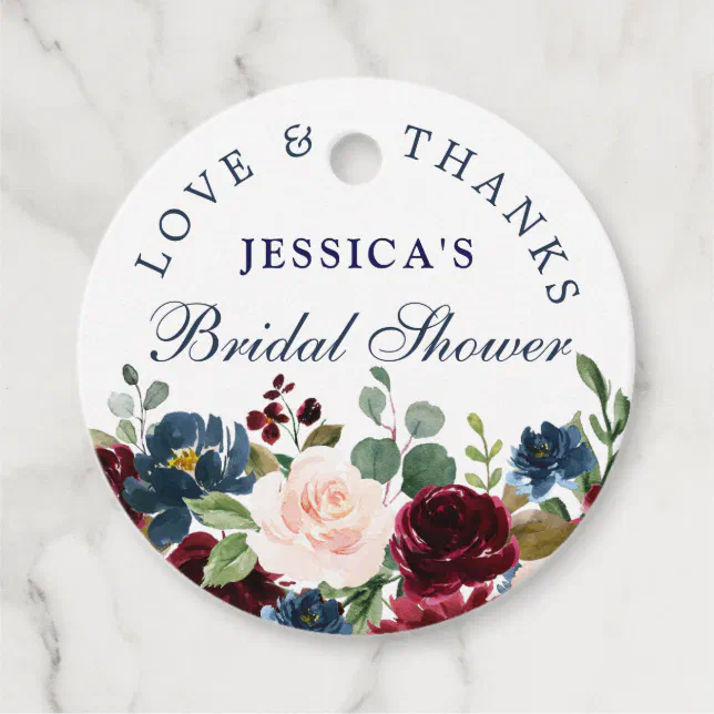 Burgundy Navy Blue Blush Floral Bridal Shower Favor Tags | Zazzle