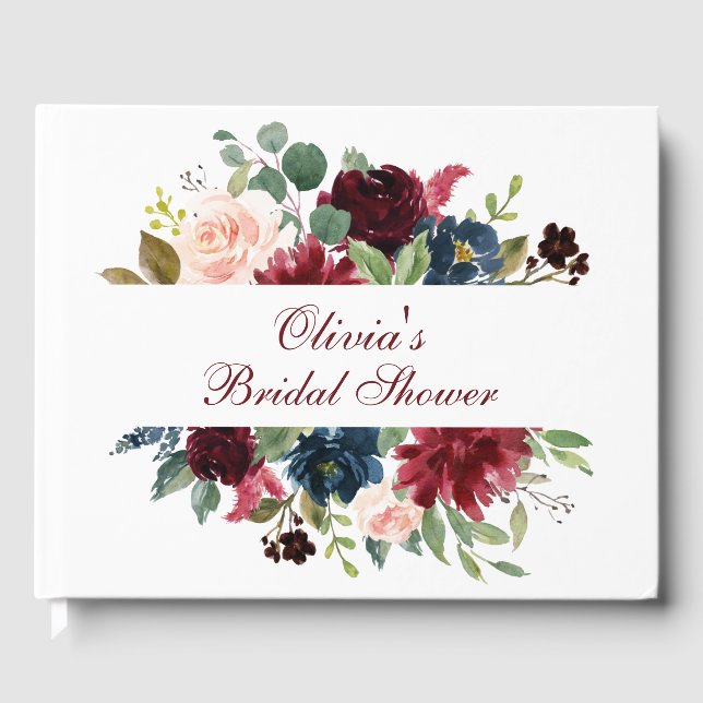 Burgundy Navy Blue Blush Floral Bridal Shower Guest Book (Front)