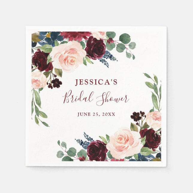 Burgundy Navy Blue Blush Floral Bridal Shower Napkins (Front)