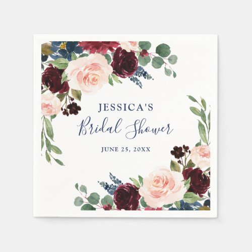 Burgundy Navy Blue Blush Floral Bridal Shower Napkins