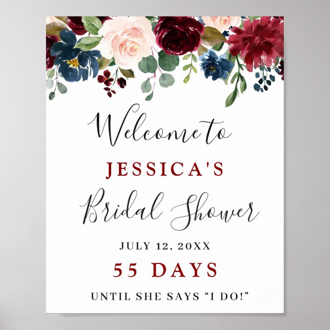 Burgundy Navy Blue Blush Floral Bridal Shower Post Poster (Front)