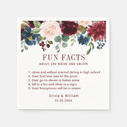 Burgundy Navy Blue Blush Floral Fun Facts Wedding Napkins