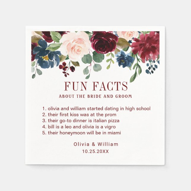 Burgundy Navy Blue Blush Floral Fun Facts Wedding Napkins (Front)