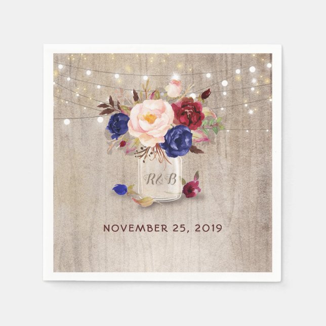 Burgundy Navy Blue Blush Floral Mason Jar Rustic Napkins (Front)