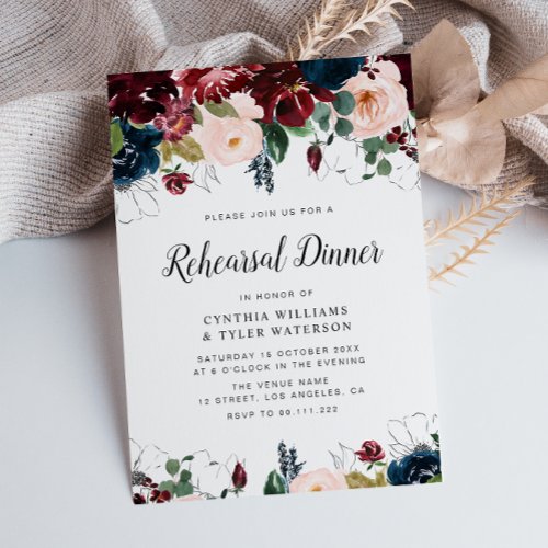 Burgundy navy blue &amp; blush floral rehearsal dinner invitation
