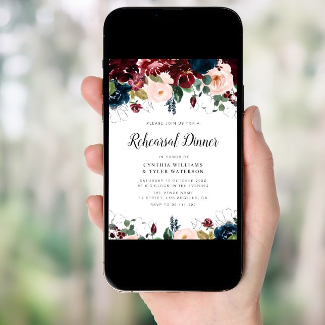 Burgundy navy blue & blush floral rehearsal dinner invitation (Front Digital)