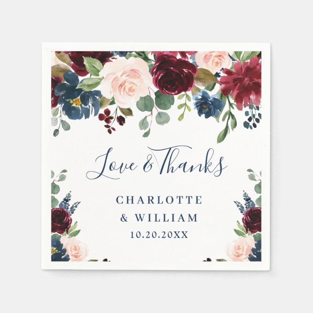 Burgundy Navy Blue Blush Floral Rustic Party Napkins (Front)