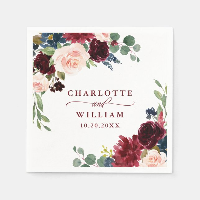 Burgundy Navy Blue Blush Floral Rustic Wedding Napkins (Front)