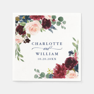Burgundy Navy Blue Blush Floral Rustic Wedding Napkins