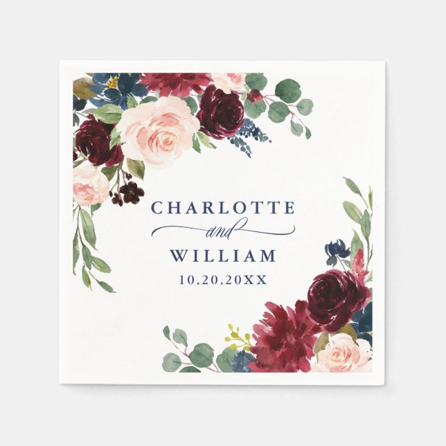 Burgundy Navy Blue Blush Floral Rustic Wedding Napkins (Front)