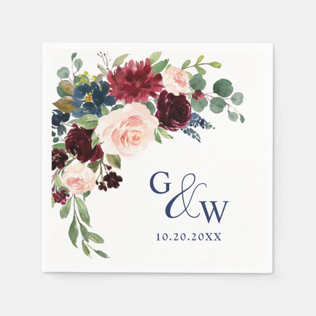 Burgundy Navy Blue Blush Floral Rustic Wedding Napkins (Front)
